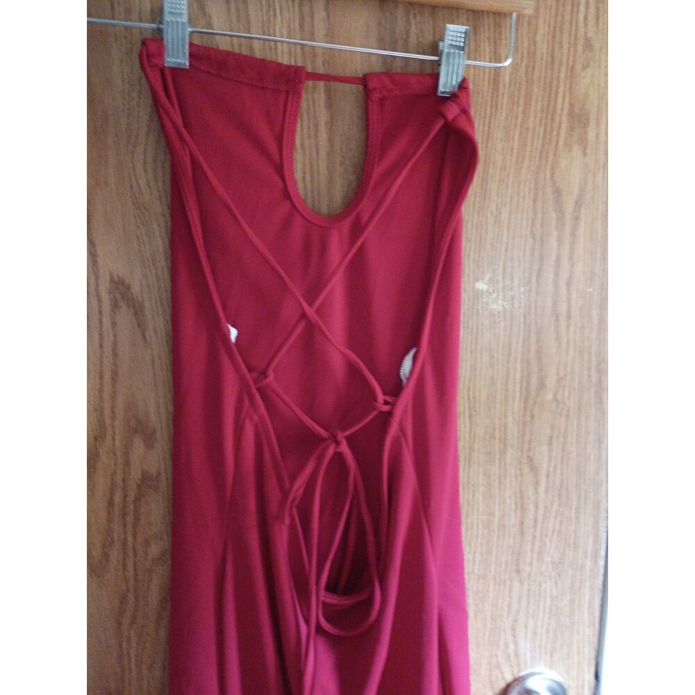 Vintage Y2K Red Keyhole Halter Dress Small Open Back Beaded Handkerchief Hem - Picture 12 of 13